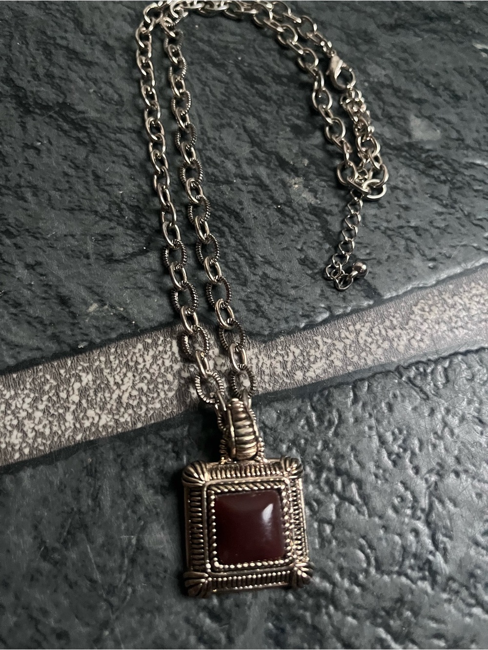 Vintage Silver-Tone Necklace with Deep Red Square Pendant